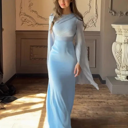 Fashion Satin Solid Robe Dress Women Elegant Batwing Sleeves High Waist Pleats Long Dress Stylish Glass Tulle Slim Evening Dress