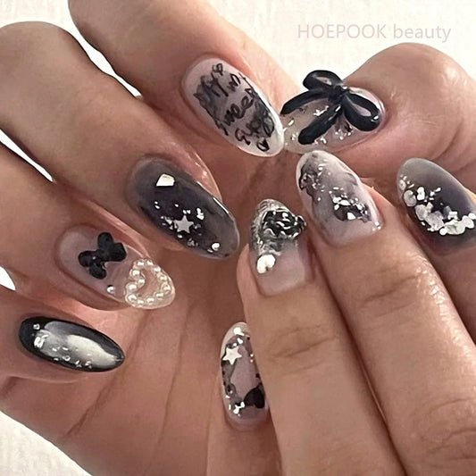 24pcs Black 3D Bow Almond Fake Nails Tips Pearl Love Sequin Design False Nails Art Removable Waterproof Artificial Press on Nail