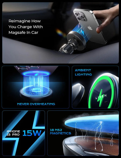 LISEN for 15W MagSafe Car Mount Charger Universal Phone Magnetic Wireless Car Fast Charging Mount Car Accessories for iPhone 15