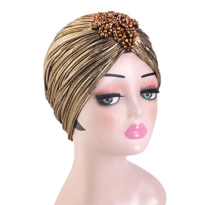New Women Gold Silver Turban Hats Chemo Bandana Hijab Pleated Indian Cap Turbante Hat Ladies Hair Loss Headscarf Muslim Headwear