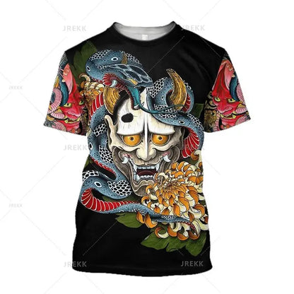Japanese Harajuku Printed T Shirt For Men Fashion Samurai Mask Graphic T shirts Summer Leisure O-neck Pullover Oversized Topsy2k