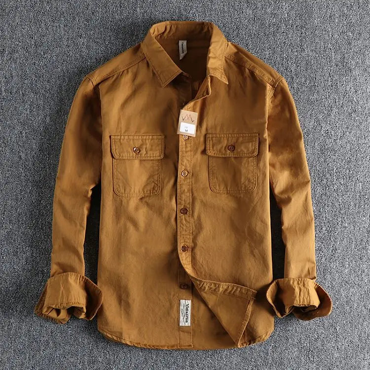Ameikeji British Style Retro Long Sleeve Shirt Coat Men Spring  Autumn Twill Cotton Versatile Solid Color Male Cargo Work Shirts