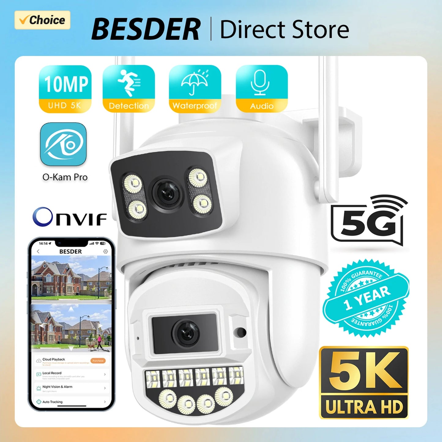 10MP PTZ Wifi IP Camera Dual Lens AI Human Detect ONVIF 5K 2.4G/5G WIFI Surveillance CCTV Cameras Security Protection O-Kam Pro