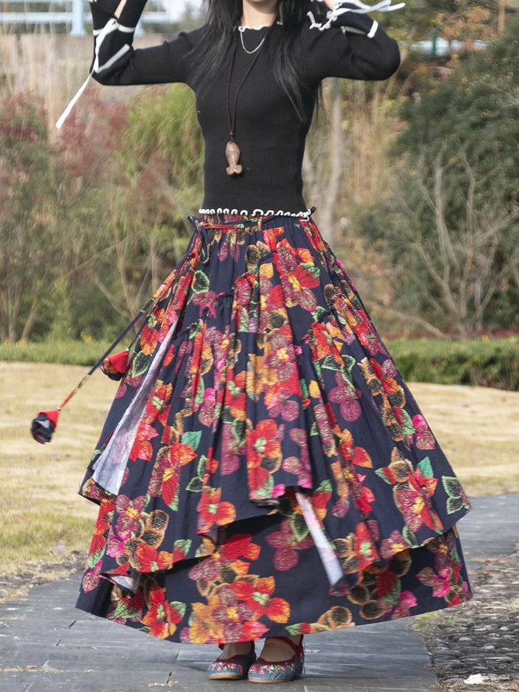 Kalenmos 2021 New Cotton and Linen Woman Medieval Skirt Fashion Flower Print Retro Eid Style Irregular Hem Pleated Skirt