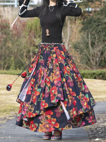 Kalenmos 2021 New Cotton and Linen Woman Medieval Skirt Fashion Flower Print Retro Eid Style Irregular Hem Pleated Skirt