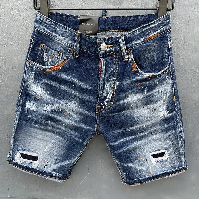 New Summer Men Blue Denim Shorts Italian Style Male Shorts Jeans High Quality Male Stretch Fit Ripped Denim Jeans Shorts Size 38