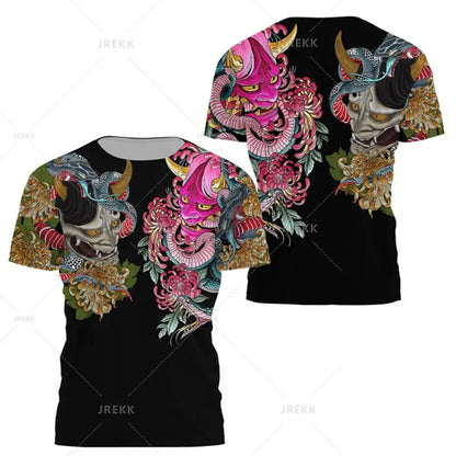 Japanese Harajuku Printed T Shirt For Men Fashion Samurai Mask Graphic T shirts Summer Leisure O-neck Pullover Oversized Topsy2k