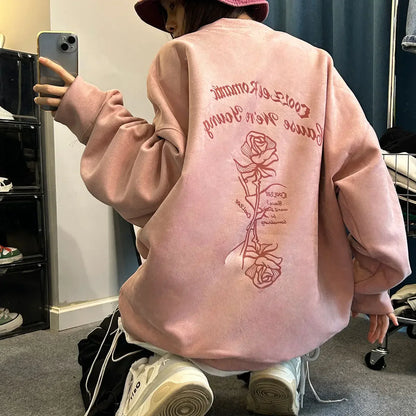 Autumn and winter American retro suede loose couple round neck loose sweatshirt for men and women lazy style and versatile y2k