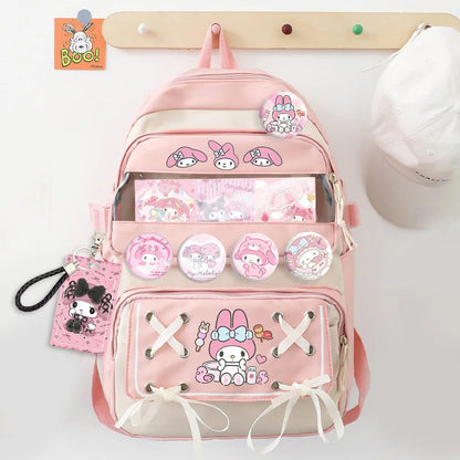 Anime Kuromi Cinnamoroll Melody Backpack Students Book School Bag Kawaii Girls Laptop With Badages