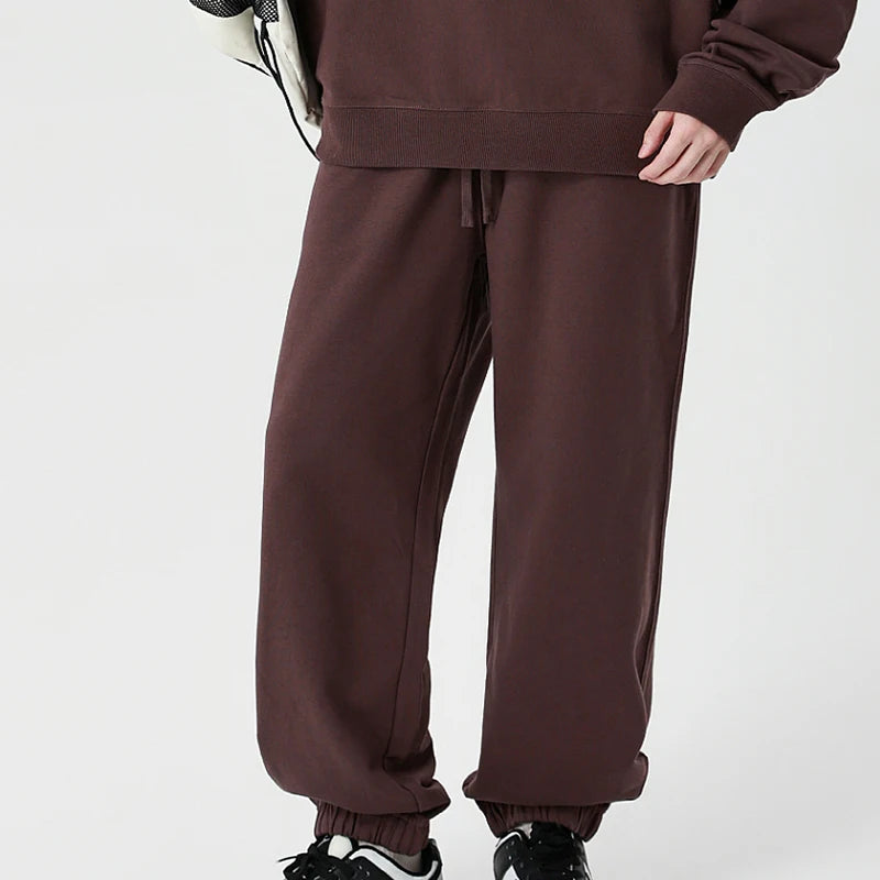 330g Mens 100% Cotton Spring Casual Long Pant French Terry Plain Brown Jogger Sports Trousers Male Flat Unlined Pocket Sweatpant