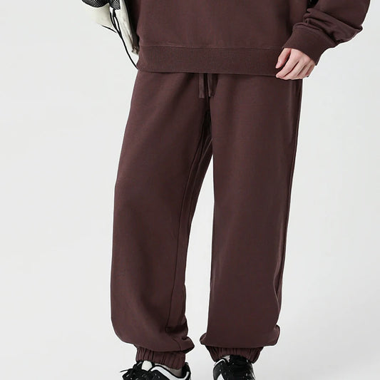 330g Mens 100% Cotton Spring Casual Long Pant French Terry Plain Brown Jogger Sports Trousers Male Flat Unlined Pocket Sweatpant