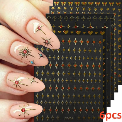 8Pcs Red Heart Nail Stickers 3D Bronzing Silver Gold Heart Shape Star & Moon Metal Totem Nail Slider Self-Adhesive DIY Nail Art*