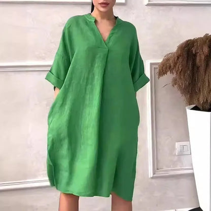 Fashion Cotton And Linen Women's V-neck Loose Dress 2025 Spring And Summer Solid Color Casual Short Sleeved Pocket Midi Dresses