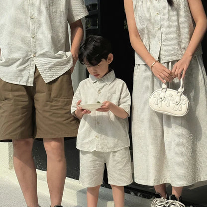 Korean Style 2025 Summer Mother Father Kids Matching Outfits Striped Print Two Pieces Suit Children's Clothing Set Family Look
