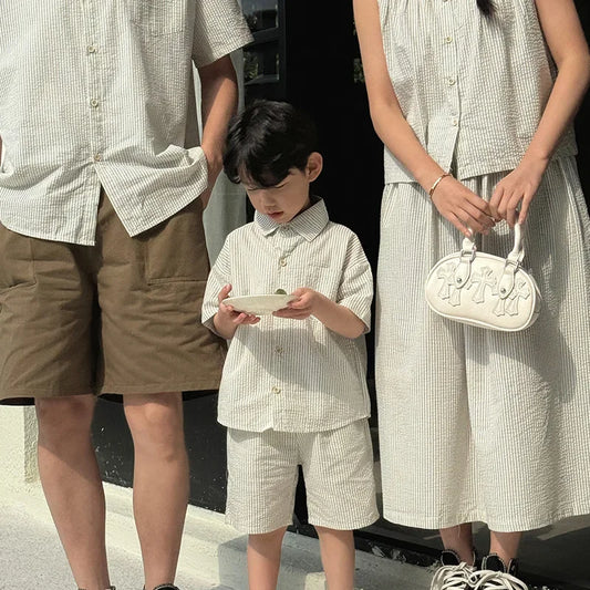 Korean Style 2025 Summer Mother Father Kids Matching Outfits Striped Print Two Pieces Suit Children's Clothing Set Family Look