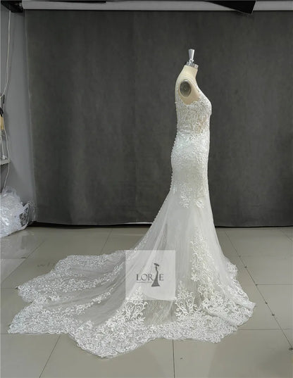 LORIE Lace Mermaid Wedding Dresses Spaghetti Strap Soft Tulle Bridal Gowns Sleeveless Vintage Country Wedding Gown Customized