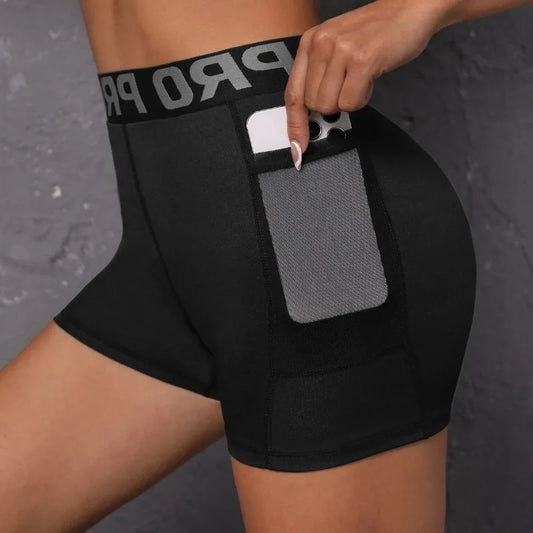 Women Seamed with Pocket Three Point Pants Yoga Shorts High Waist Letter Elastic Butt Lift Leggings Gym Trainning Slim Leggings