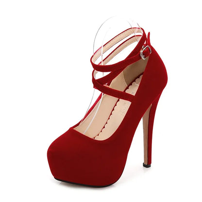Pumps High Heel Women New Style Flock Fashion Cross Straps 14cm Heel High 4cm Platform Model Nightclub Sexy Plus Size 35-46