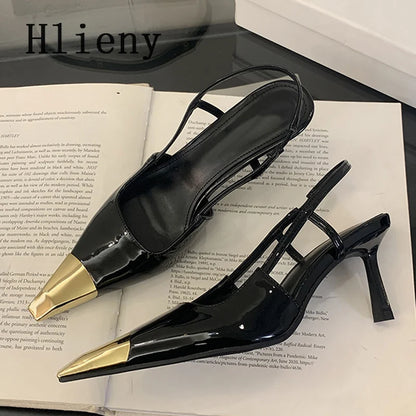 Hlieny Spring Street Style Back Strap Pumps Women Sexy Splicing Pointed Toe Elegant Thin Low Heels Mule Party Dress Shoes Sandal