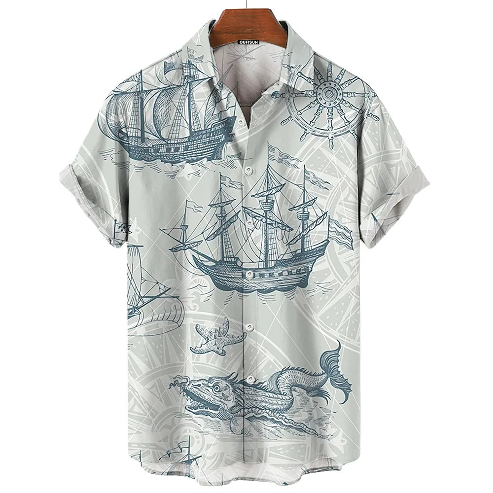 Vintage Men'S Shirt 3d Sailing Boat Print Men Clothing Summer Casual Short Sleeve High Quality Top Tee Hawaiian Beach Sweatshirt