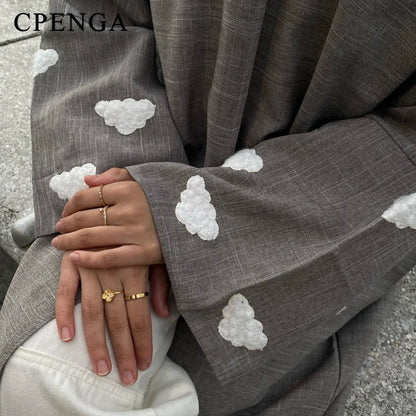 Saudi Clouds Open Abaya Elegant Eid Muslim Modest Coat for Women Islam Turkey Embroidery Dress Cotton Linen Long Sleeve Clothing