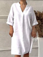 Fashion Cotton And Linen Women's V-neck Loose Dress 2025 Spring And Summer Solid Color Casual Short Sleeved Pocket Midi Dresses