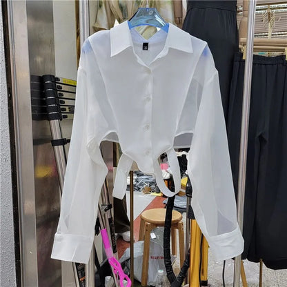 Shirts Women Sun-proof Crop Tops Sheer Loose Chic Summer Sexy Girls Ulzzang Fashion Casual Streetwear Camisa All-match Aesthetic