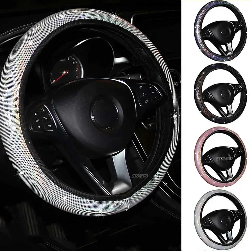 Rhinestone Crystal Car Steering Wheel Cover, PU Leather, Fits Car Accessories and Car Styling, Enhances Luxury and Comfort