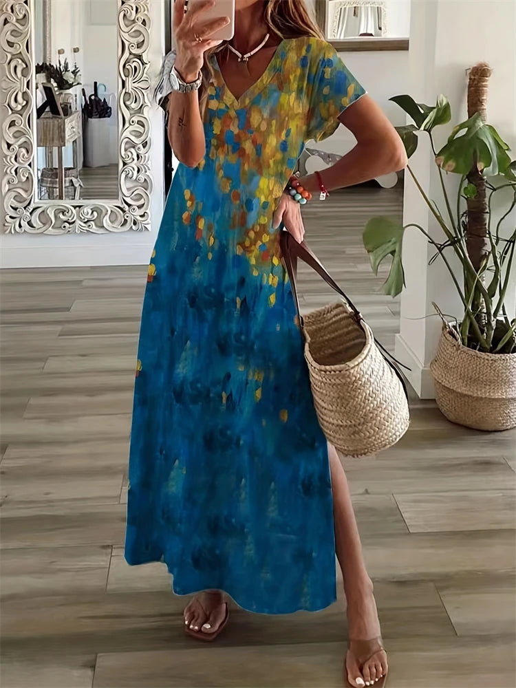 Vintage Geometric Irregular Printed T Shirt Long Women's Summer V-Neck Short Sleeve A-Line Dress Casual Vacation Slit Long Gowns