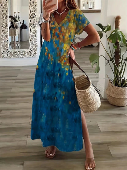 Vintage Geometric Irregular Printed T Shirt Long Women's Summer V-Neck Short Sleeve A-Line Dress Casual Vacation Slit Long Gowns