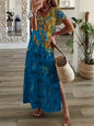 Vintage Geometric Irregular Printed T Shirt Long Women's Summer V-Neck Short Sleeve A-Line Dress Casual Vacation Slit Long Gowns