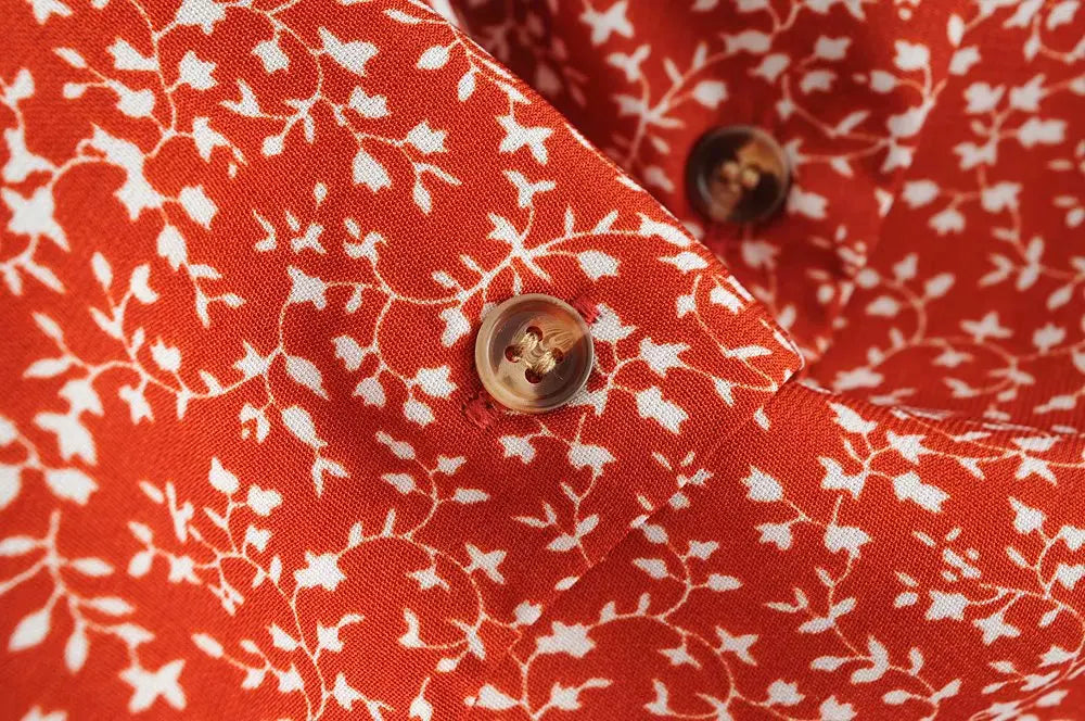 2024 Petal Sleeve Dress Red Floral Print Buttons Summer Dress Casual Boho Party Midi Dresses