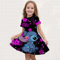 Summer New Children's Clothing 3d Printed Romantic Stitch Cute Girl Short-Sleeved Dress 3-14 Years Old Kids Performance Clothing