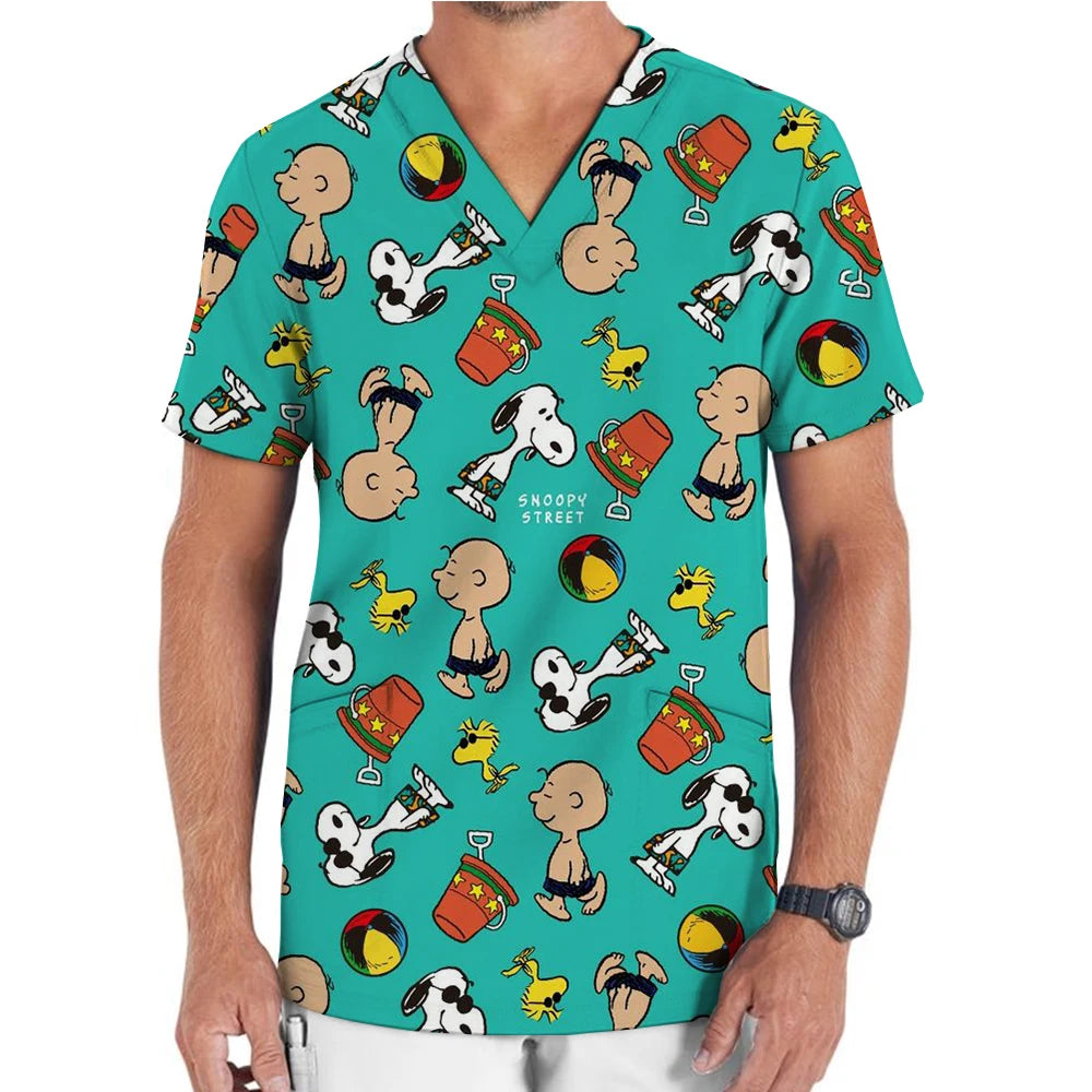 Hospital Nurse Uniforms Women Medical Uniform Print Scrub Top Snoopy Dental Clinic Work Clothes Mens Scrubs Short Sleeved Jacket