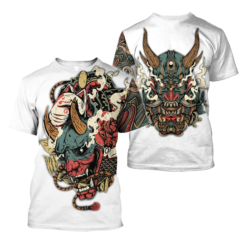 Japanese Harajuku Printed T Shirt For Men Fashion Samurai Mask Graphic T shirts Summer Leisure O-neck Pullover Oversized Topsy2k
