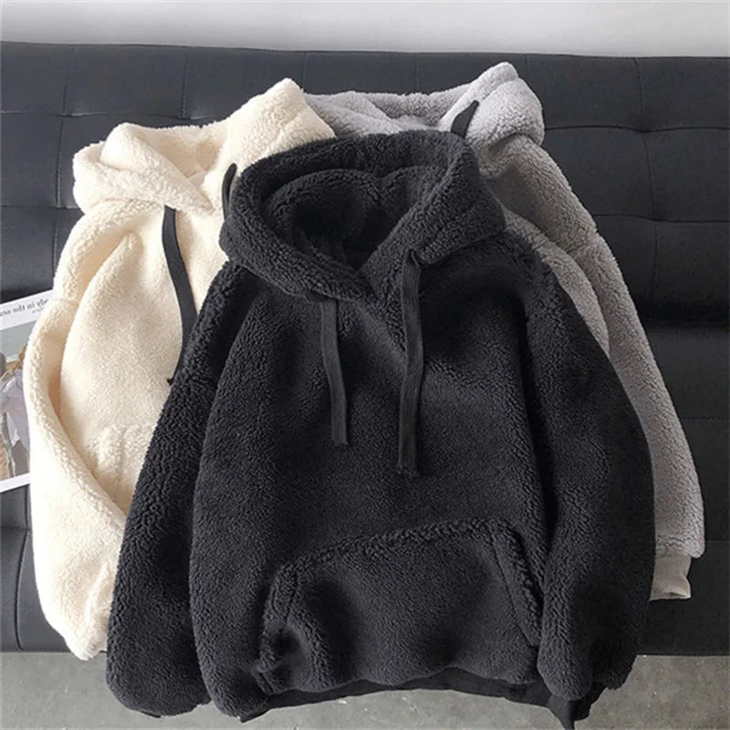 Lamb Wool Hoodies Women's Autumn Winter Korean Style Loose Hooded Sweatshirts Long Sleeve Pullover Patch Pocket Warm Jacket