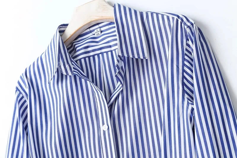 Maxdutti 2023 England Style Office Lady High Street Fashion Blouse Striped  Loose Shirt Pure Cotton Casual Blouse Women