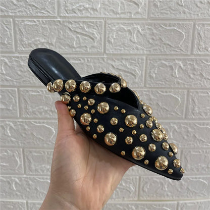 Pointed Toe Slippers for Women Rivets Studded Summer Gladiator Sandals Flat Beach Shoes Ladies Outside Slides Punk Style Mules