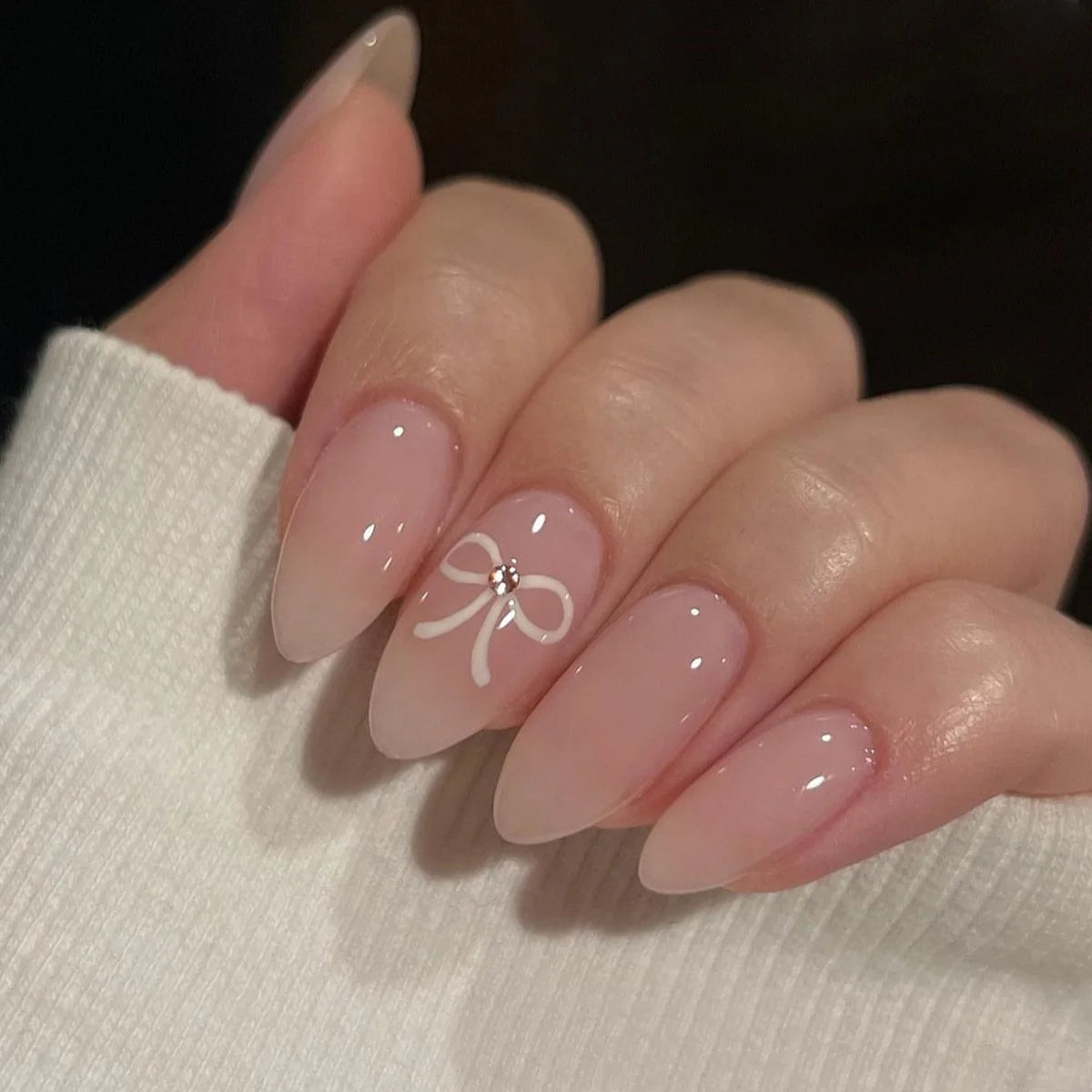 24pcs Black 3D Bow Almond Fake Nails Tips Pearl Love Sequin Design False Nails Art Removable Waterproof Artificial Press on Nail