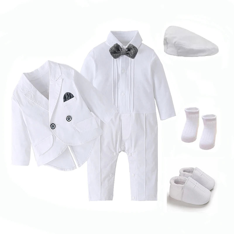 White Baby Baptism Formal Dress for Boys Romper with Coat Hat 6 PCS Infant Solid Birthday Wedding Suit Newborn Cotton Fall Set