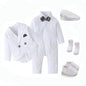 White Baby Baptism Formal Dress for Boys Romper with Coat Hat 6 PCS Infant Solid Birthday Wedding Suit Newborn Cotton Fall Set