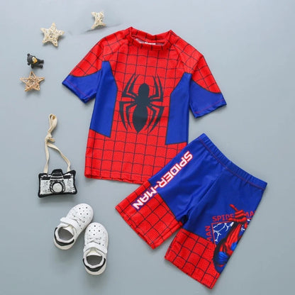 Disney Toddler Baby Boys Clothes Set Aoger Spiderman Print Short Sleeve Tops Elastic Waist Swim Hat Kids 3Pcs Bathing Suit