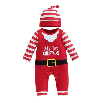 ma&baby 0-18m Christmas Newborn Infant Baby Romper Santa Costume Striped Letter Print Long Sleeve jumpsuit Hat Xmas Outfits D05