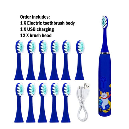 Children Sonic Electric Toothbrush Automatic Waterproof IPX7 Cleaning Brush Cartoon Kids With 12pcs Replacement Brush Heads