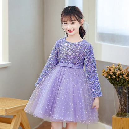 2023 Girls Autumn Long Sleeve Sequin Mesh Ball Gown Dress Stage Performance Princess Dress Kids Sweet Host Dresses 3-14Years