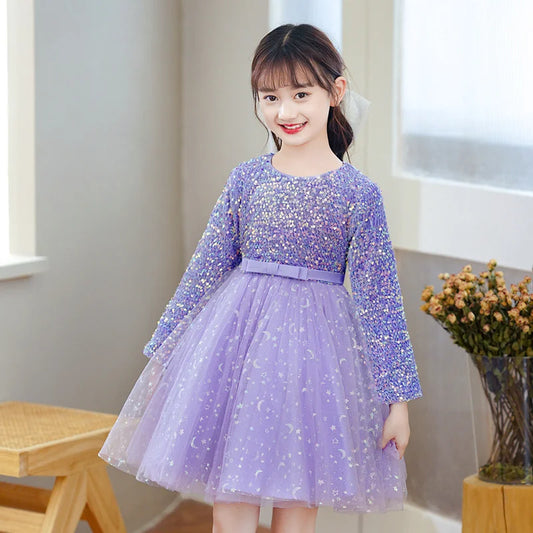 2023 Girls Autumn Long Sleeve Sequin Mesh Ball Gown Dress Stage Performance Princess Dress Kids Sweet Host Dresses 3-14Years