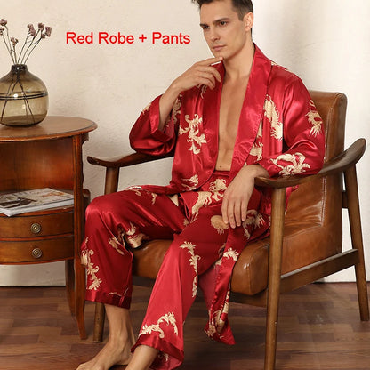 Male Satin Sleepwear Robe&Pants Dargon Pajamas Set Print Men Nightwear Kimono Bathrobe Gown Faux Silk Lounge Wear Home Clothes