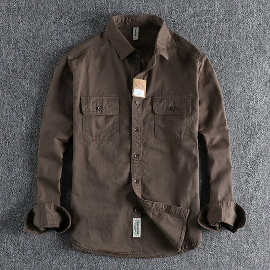 Ameikeji British Style Retro Long Sleeve Shirt Coat Men Spring  Autumn Twill Cotton Versatile Solid Color Male Cargo Work Shirts