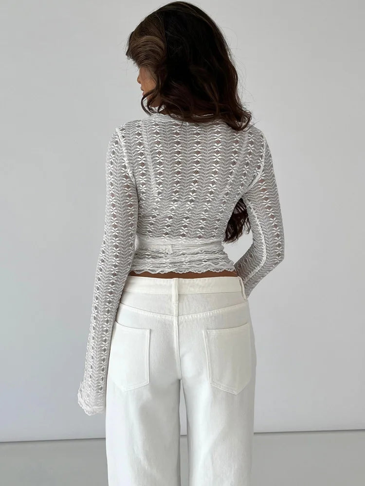 Tossy Bandage Hollow Out V-Neck T-shirt Top Women's Bandage Long Sleeve See-Through Sexy Casual Pullover Female Printed Tee Top