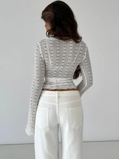 Tossy Bandage Hollow Out V-Neck T-shirt Top Women's Bandage Long Sleeve See-Through Sexy Casual Pullover Female Printed Tee Top